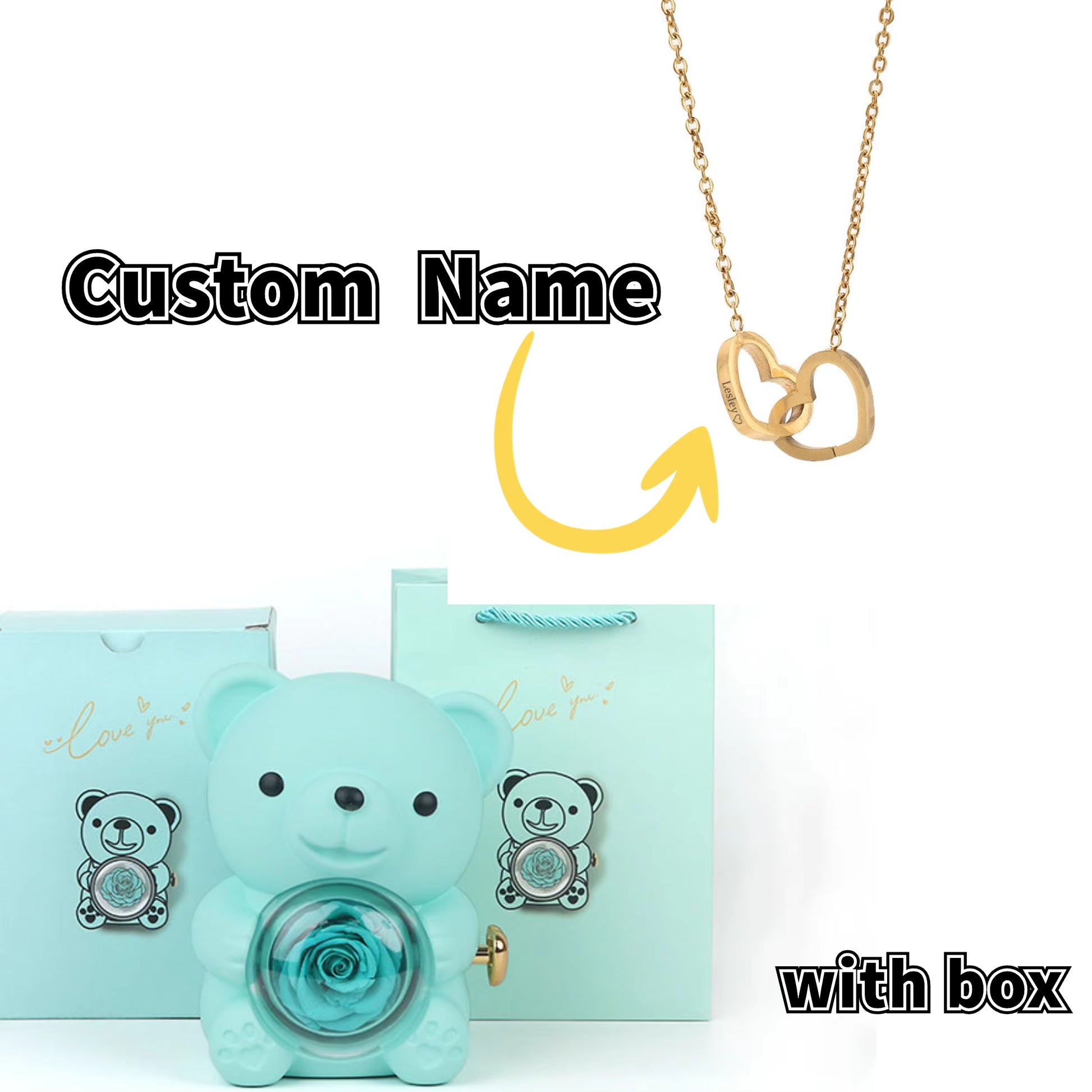 Teddy Bear Gift Box-Rotating Eternal Rose Box with Necklace for Wedding Custom Name Necklace Jewelry for Women Gift Girlfriend