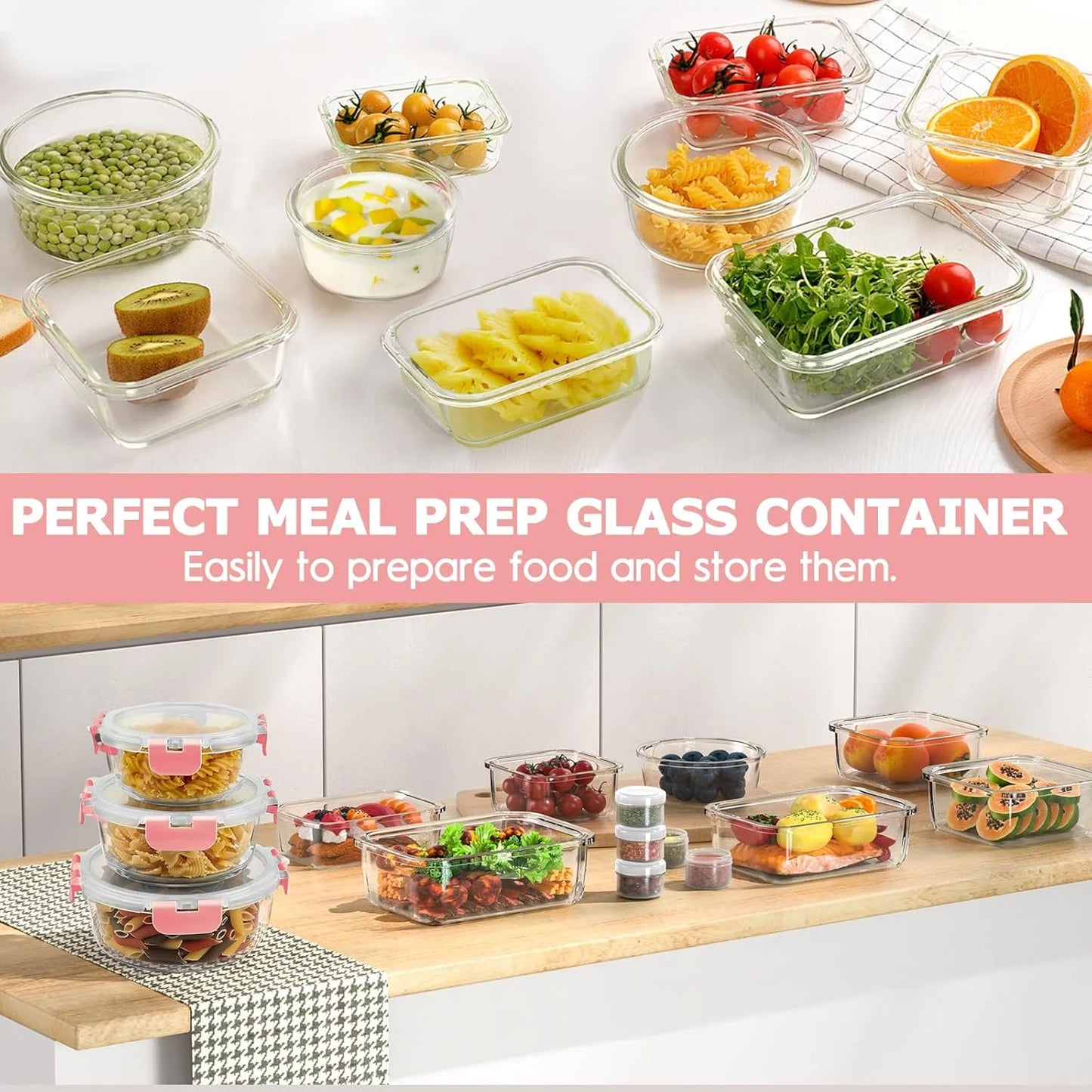 34Pcs Glass Food Storage Containers with Lids Set, Airtight Glass Meal Prep Containers (17 Containers & 17 Lids), Leak Proof Lunch Containers Bpa-Free, Microwave, Freezer, Dishwasher Safe / Pink