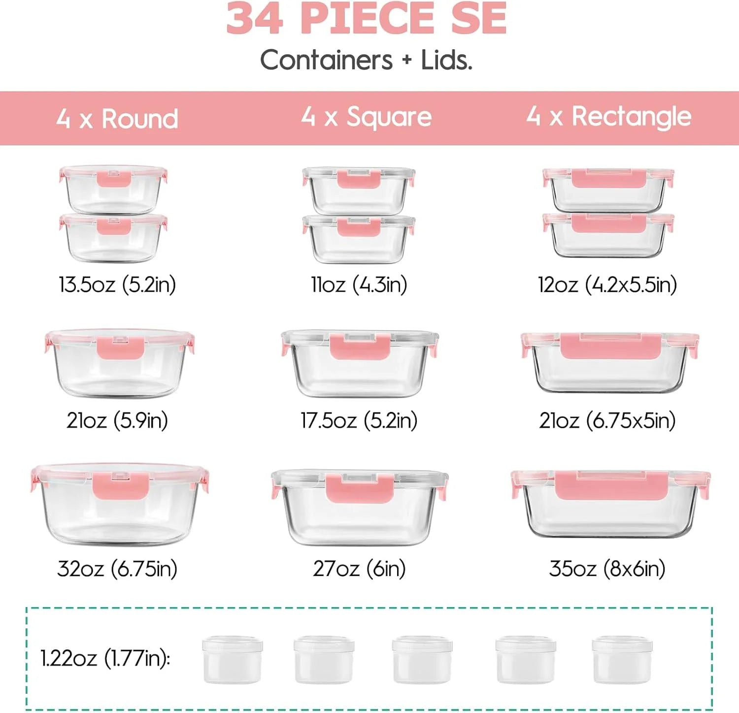 34Pcs Glass Food Storage Containers with Lids Set, Airtight Glass Meal Prep Containers (17 Containers & 17 Lids), Leak Proof Lunch Containers Bpa-Free, Microwave, Freezer, Dishwasher Safe / Pink