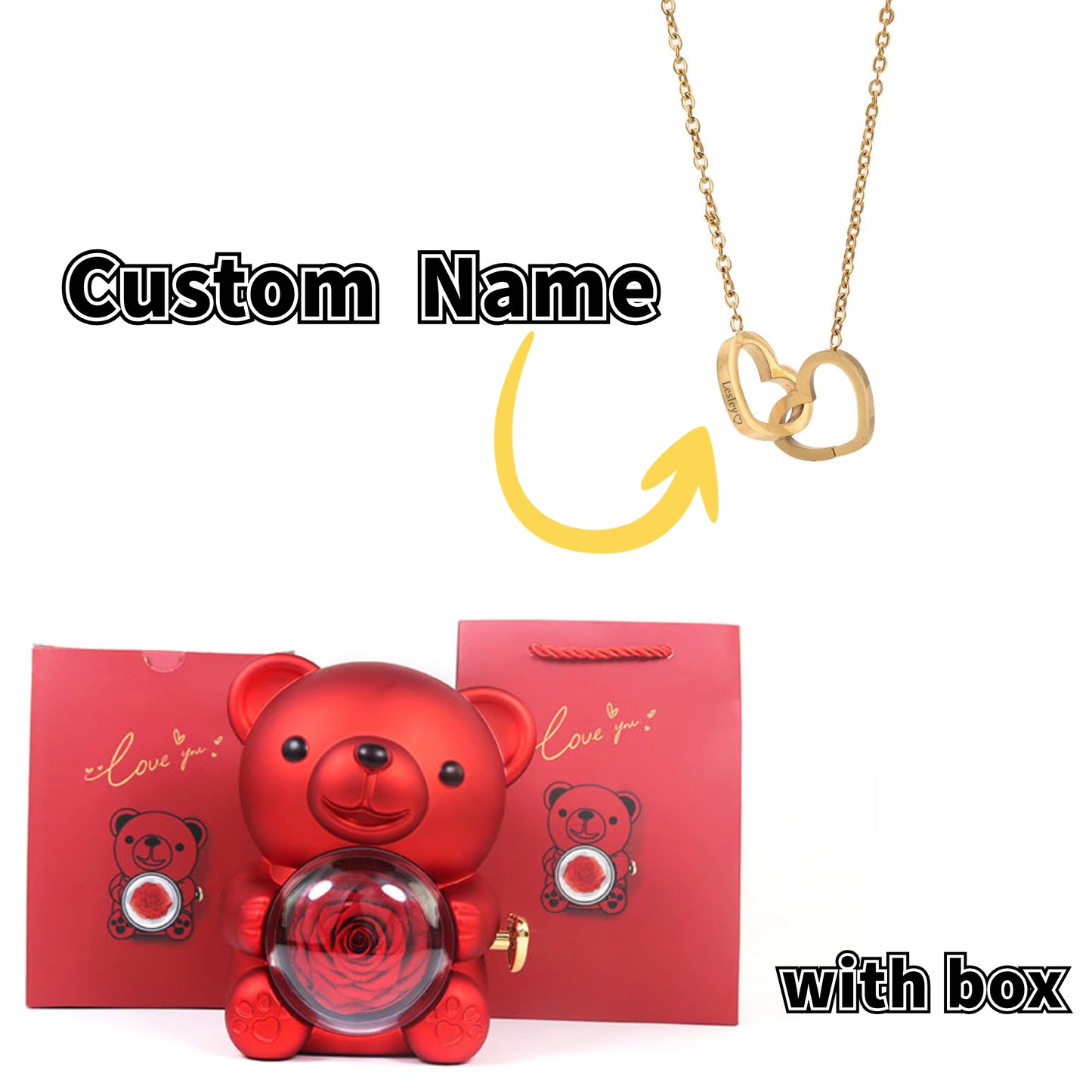 Teddy Bear Gift Box-Rotating Eternal Rose Box with Necklace for Wedding Custom Name Necklace Jewelry for Women Gift Girlfriend