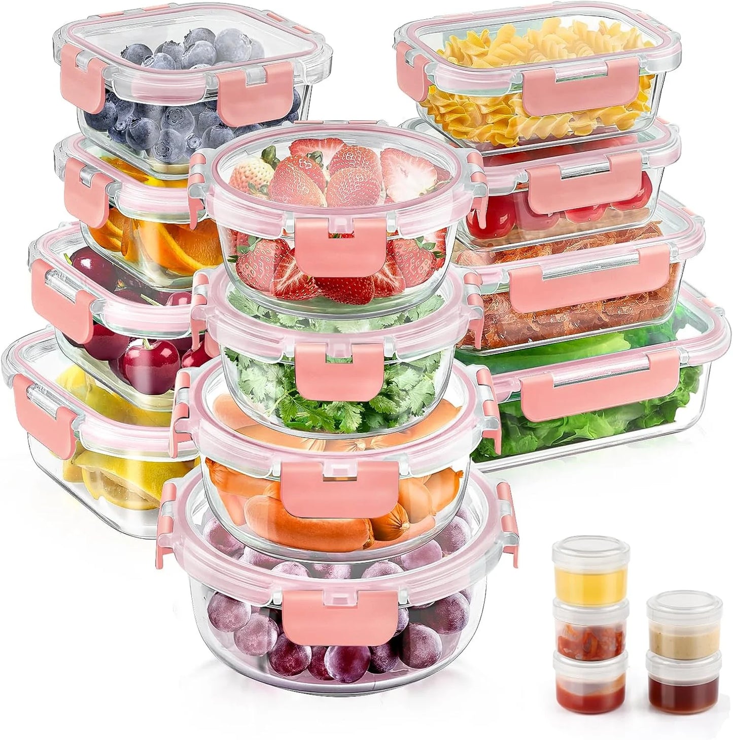 34Pcs Glass Food Storage Containers with Lids Set, Airtight Glass Meal Prep Containers (17 Containers & 17 Lids), Leak Proof Lunch Containers Bpa-Free, Microwave, Freezer, Dishwasher Safe / Pink