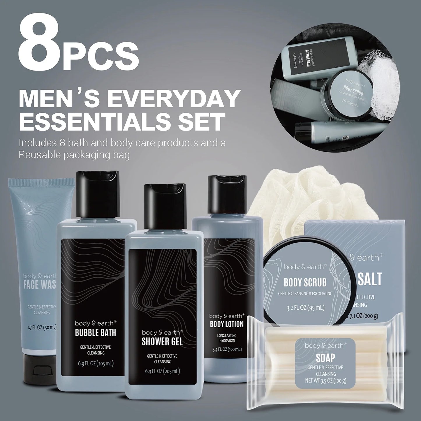 Bath Gift Sets for Men, 8 Pcs Luxury Spa Gift Basket Body Wash for Fathers Day Birthday