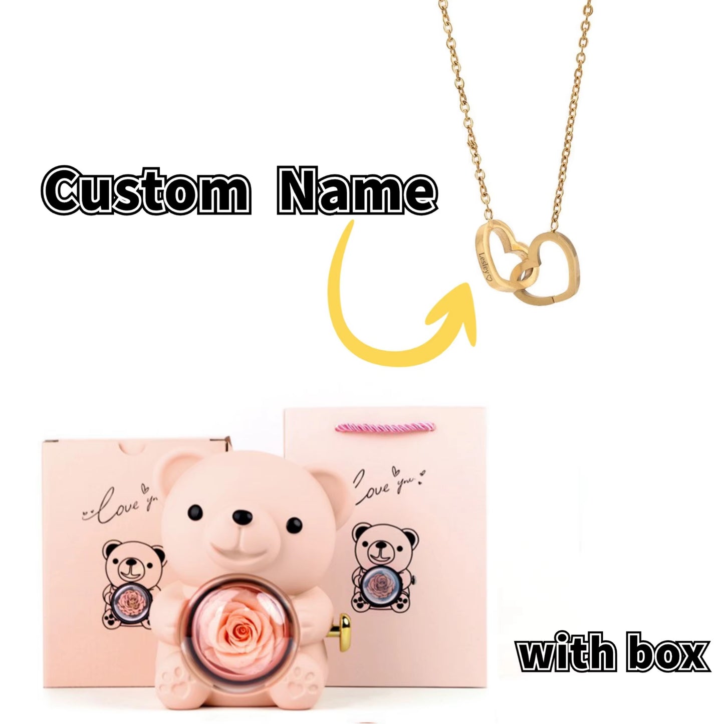 Teddy Bear Gift Box-Rotating Eternal Rose Box with Necklace for Wedding Custom Name Necklace Jewelry for Women Gift Girlfriend