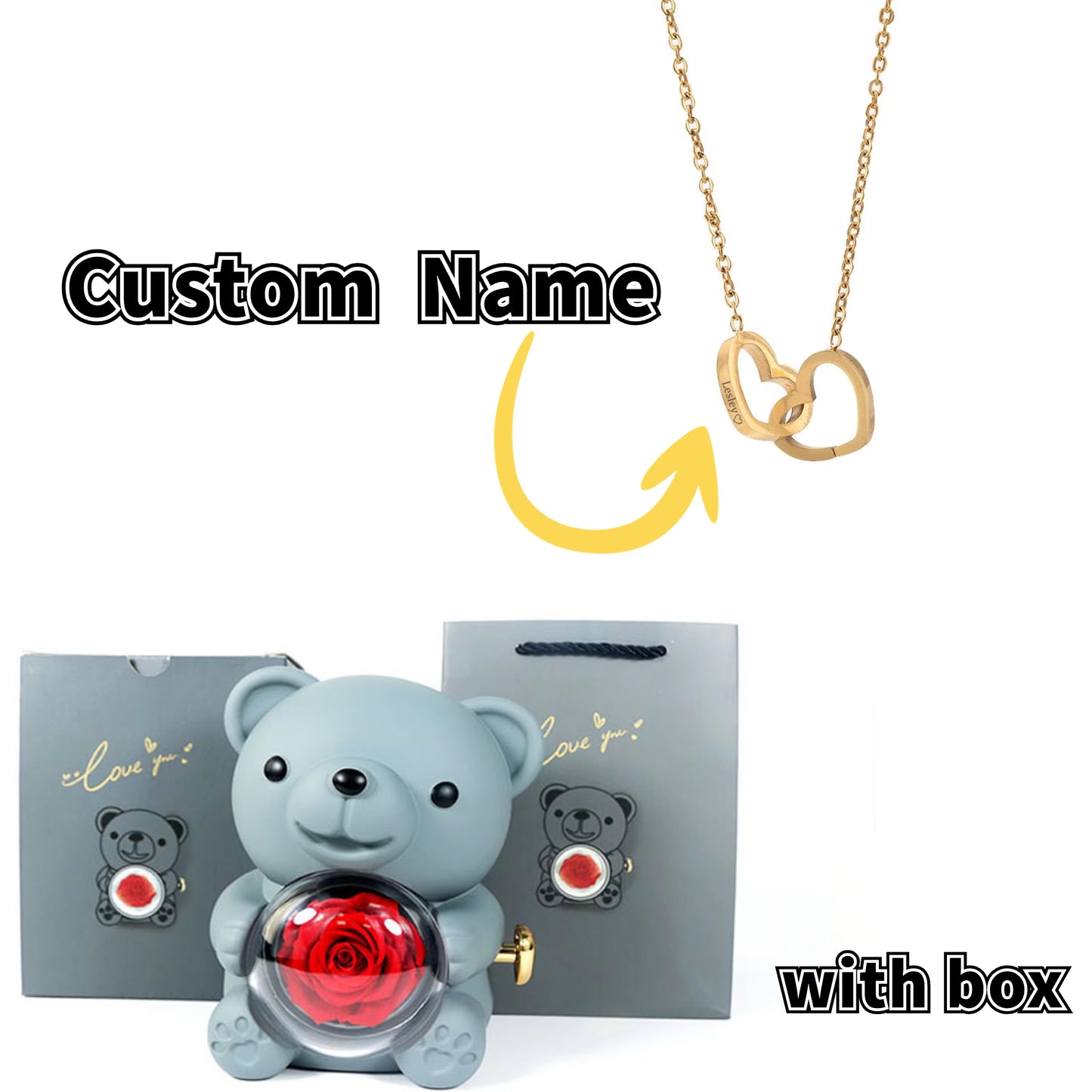 Teddy Bear Gift Box-Rotating Eternal Rose Box with Necklace for Wedding Custom Name Necklace Jewelry for Women Gift Girlfriend